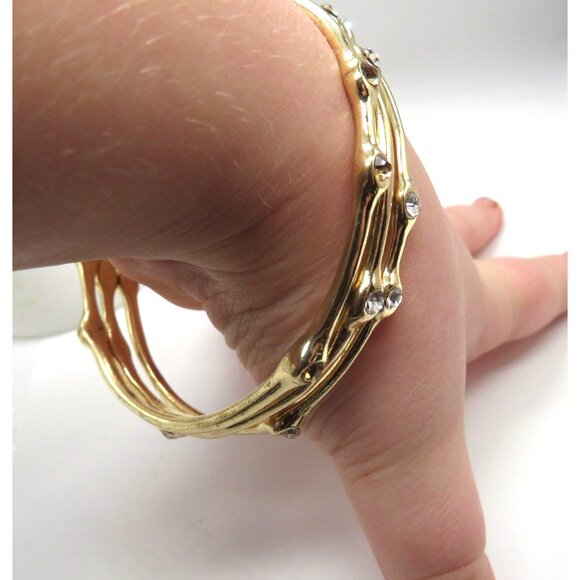 Set 3 Bracelets Bangle Stack Gold Tone Clear Yellow Rhinestone Dainty Elegant - Picture 4 of 12